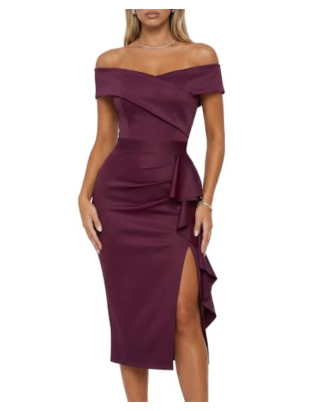 Off Shoulder Evening Midi Dress Built-in Bra Bodycon Ruched Slit Cocktail